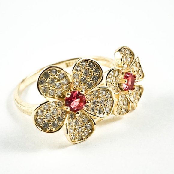 Elegant Cute Double Flower CZ Gold Silver Ring - Picture 2 of 3